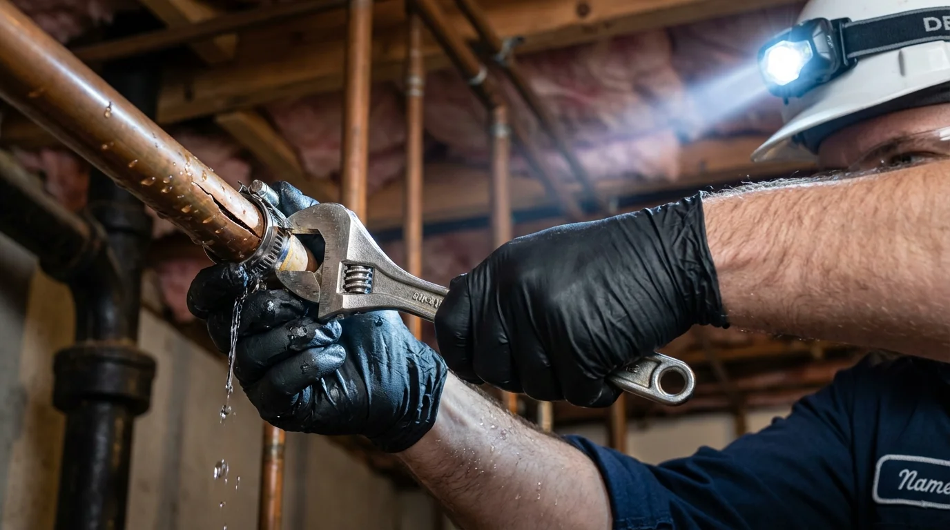 Emergency pipe clamp repair being performed by a Johns Plumbing LLC plumber in Central City