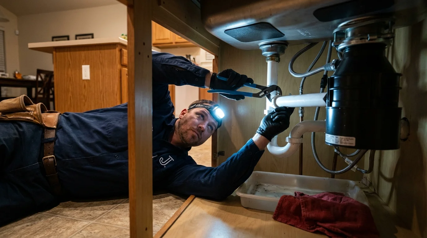 P-trap and supply line connections under a kitchen sink showing a common leak point in Central City, CO
